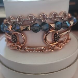 Rose Gold Layered Bracelet Set with Blue Crystal Beads